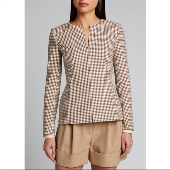 Theory Jackets & Blazers - Theory Sculpture Grid Stretch Printed Zip Jacket Ivory Multi Tan Women’s 10